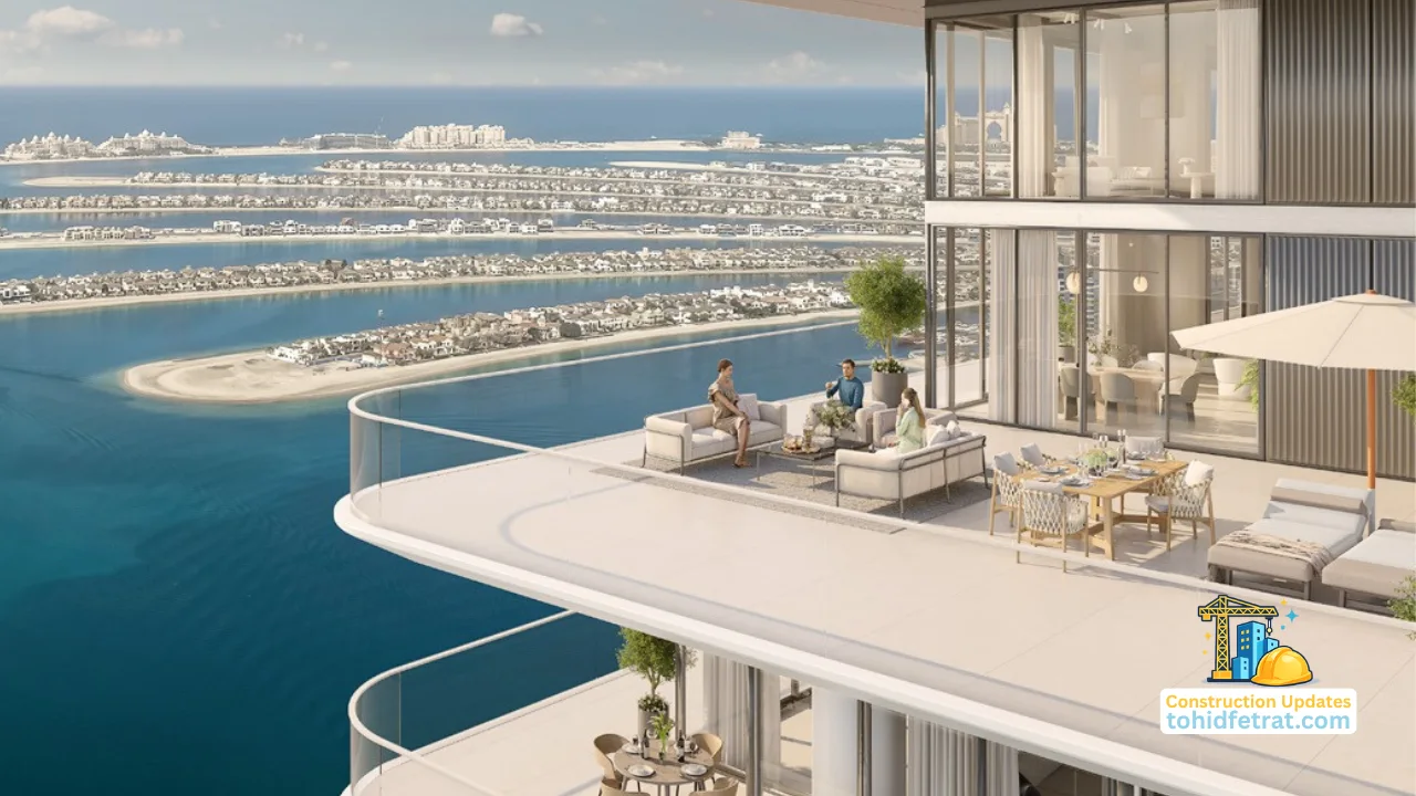 Address Residences The Bay construction updates visual showing a luxury waterfront terrace with panoramic Palm Jumeirah views in Dubai. Presented by Tohid Fetrat