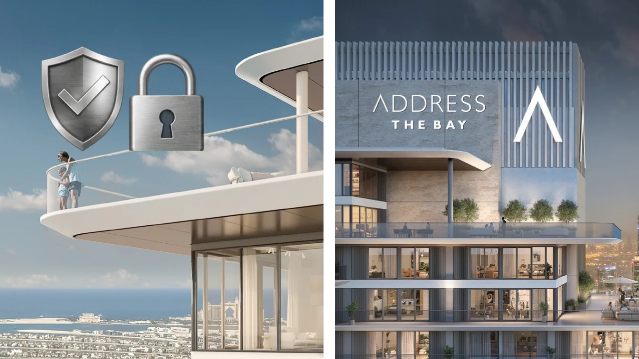 Address Residences The Bay escrow account page visual showing the branded residential tower exterior and elevated terraces in Dubai. Presented by Tohid Fetrat