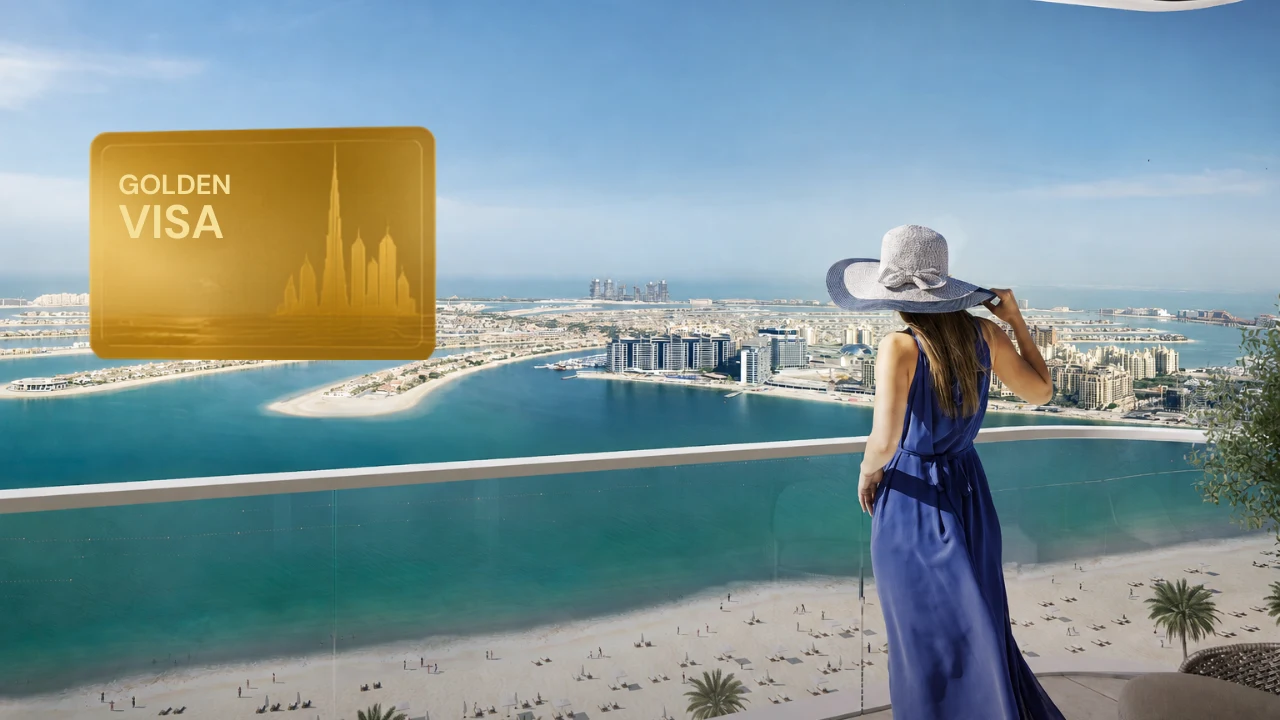 Address Residences The Bay Golden Visa page visual showing a luxury waterfront balcony with panoramic views across Palm Jumeirah in Dubai. Presented by Tohid Fetrat