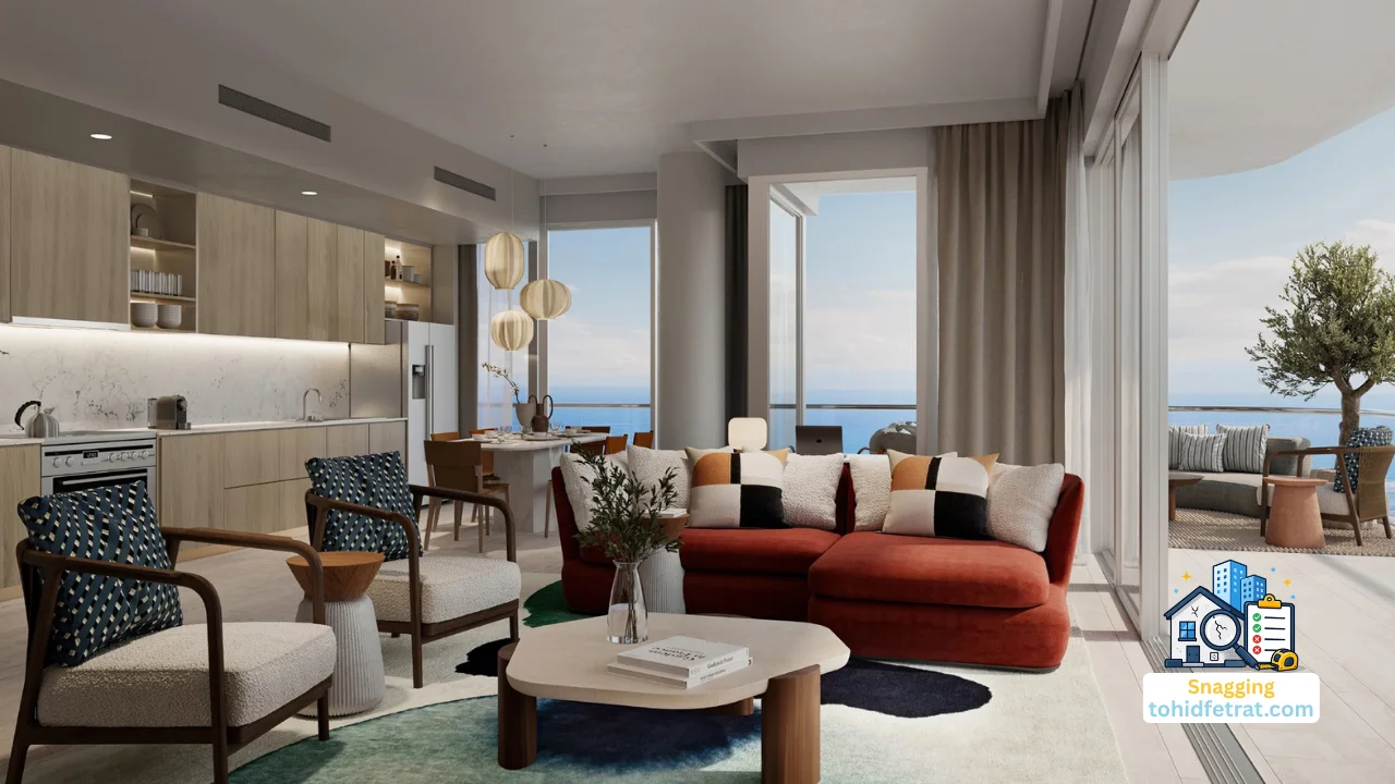 Address Residences The Bay snagging inspection page visual showing a modern living room interior with open kitchen, terrace access, and sea views in Dubai. Presented by Tohid Fetrat