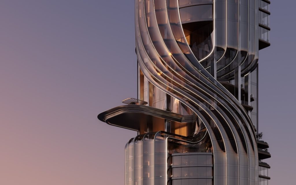 Architectural detail of Lumena Alta by Omniyat in Business Bay Dubai, featuring fluid glass design and luxury sky terrace