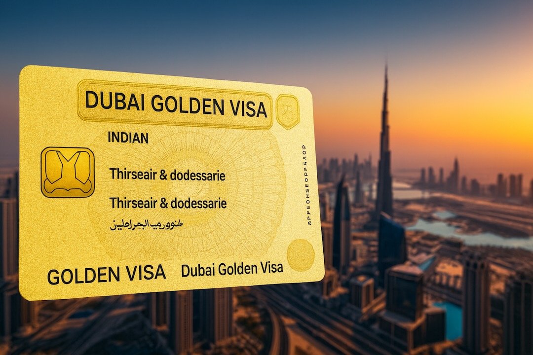 Dubai Golden Visa card with Burj Khalifa skyline at sunset – residency and investment program explained by Tohid Fetrat