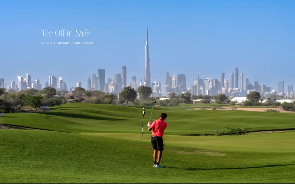 Dubai Hills Estate 18-hole championship golf course with view of Burj Khalifa and Dubai skyline