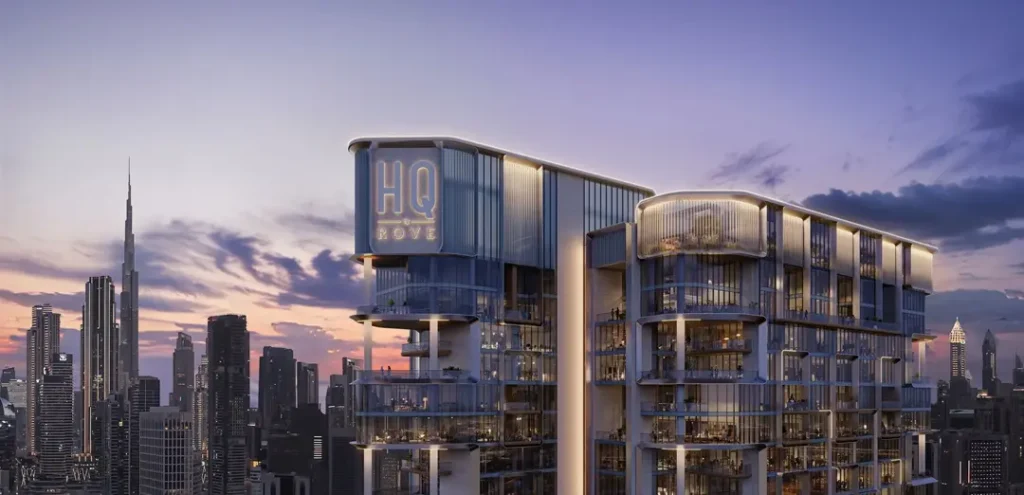 HQ by Rove in Business Bay Dubai – branded commercial tower with panoramic views of Burj Khalifa and Downtown skyline – premium offices by IRTH Developer presented by Tohid Fetrat.