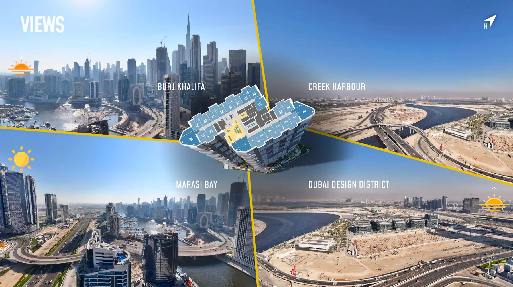 HQ by Rove Dubai views showing Burj Khalifa, Marasi Bay, Creek Harbour, and Dubai Design District – prime Business Bay location presented by Tohid Fetrat