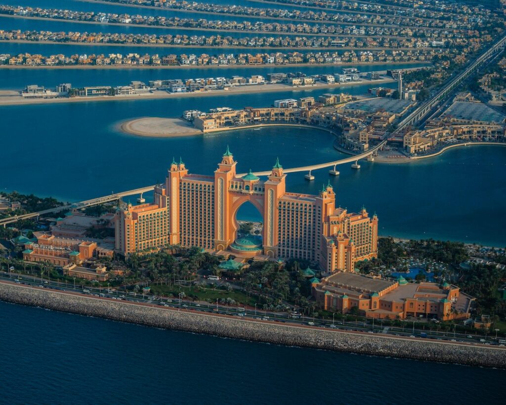 Jumeirah Islands residential neighborhood with lush landscaping and water features.