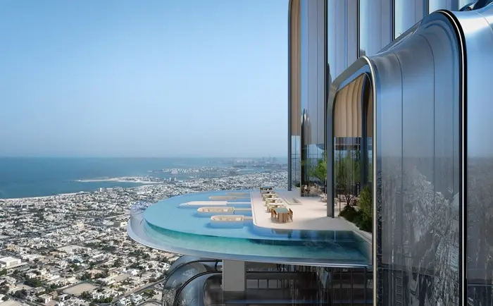 Lumena Alta infinity pool overlooking Dubai skyline and Business Bay – luxury commercial tower by Omniyat, presented by Tohid Fetrat