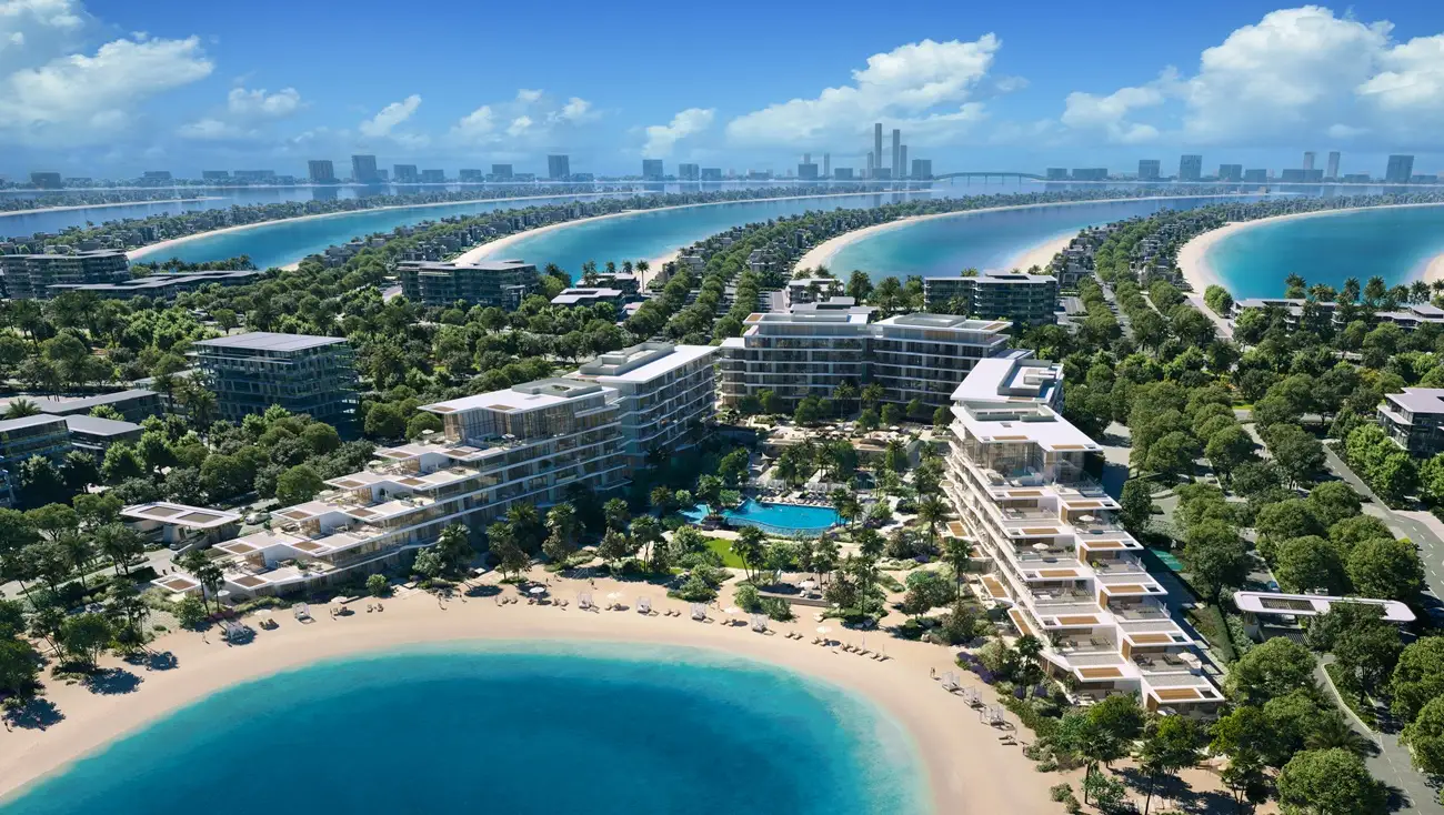 Aerial view of Palm Central by Nakheel on Palm Jebel Ali Dubai showing beachfront residences, private pools, and turquoise lagoons