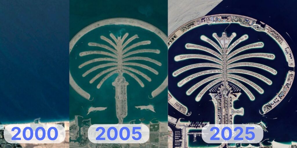 Timeline showing the transformation of Palm Jumeirah, Dubai from 2000 to 2025 — from empty sea to a fully developed palm-shaped island.