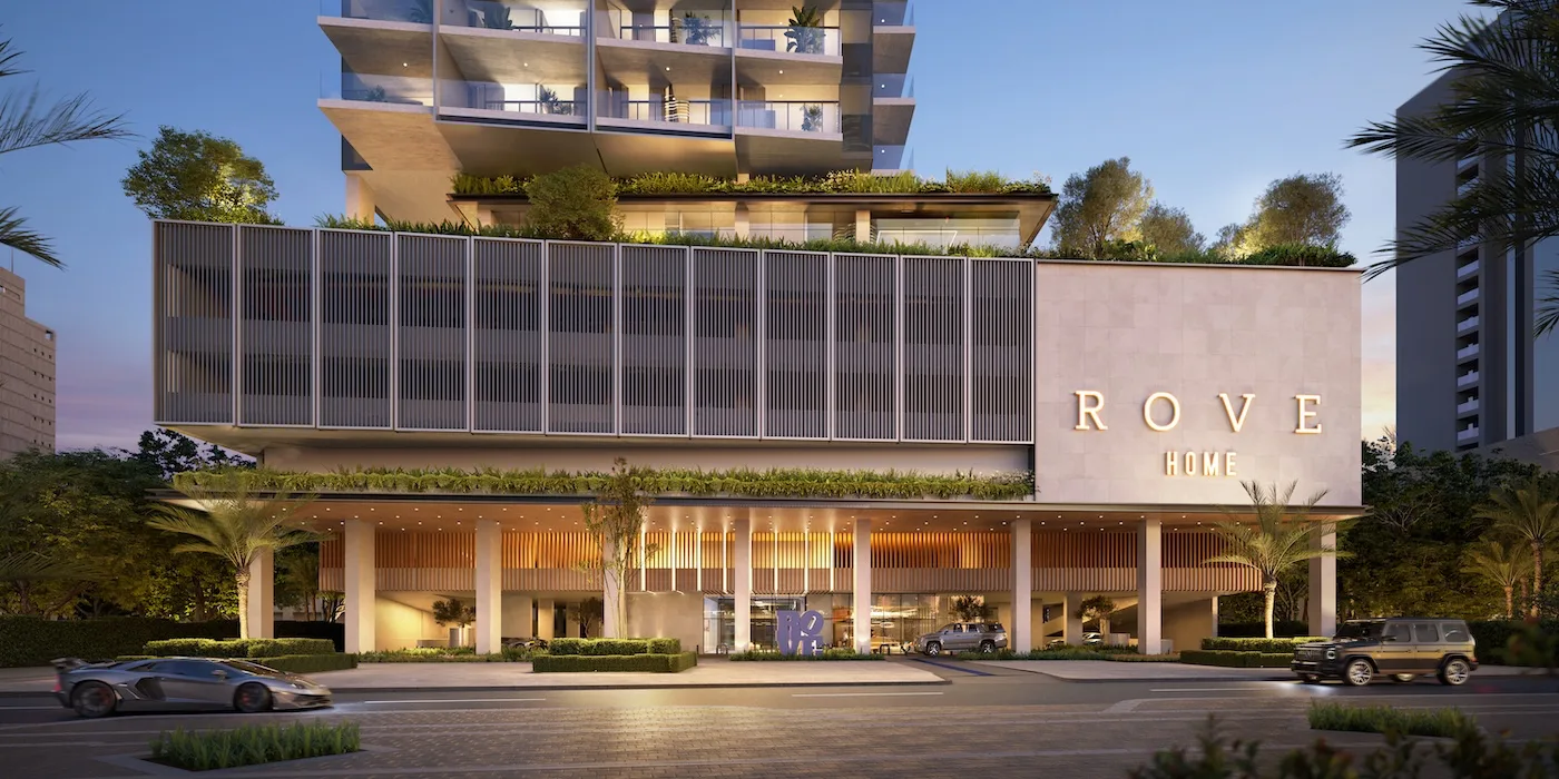 Rove Home Downtown Dubai by IRTH, modern residential tower near Burj Khalifa with luxury design and landscaped entrance