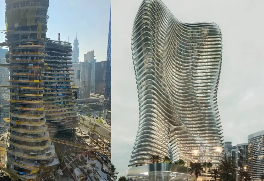 Bugatti Residences by Binghatti in Business Bay, Dubai — comparison of construction progress and final architectural design of the luxury twin-tower development.