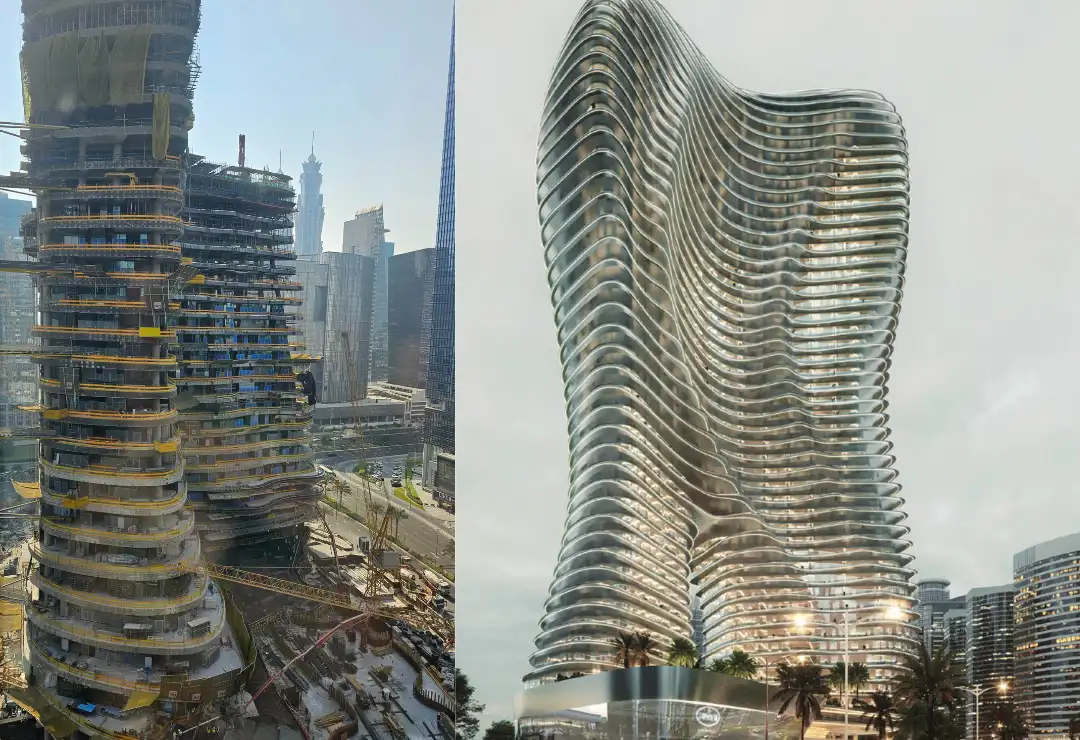 Bugatti Residences by Binghatti in Business Bay, Dubai — comparison of construction progress and final architectural design of the luxury twin-tower development.