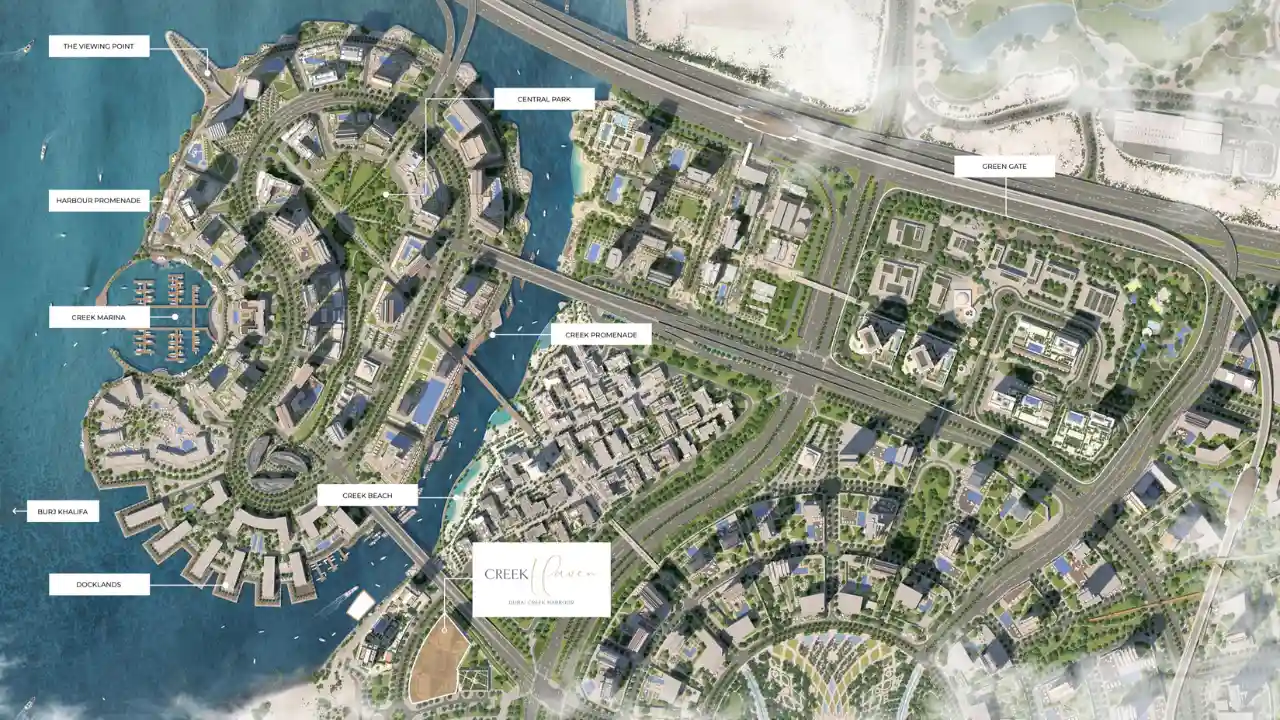 Creek Haven by Emaar master plan – aerial map of Dubai Creek Harbour with Creek Marina, Central Park, Creek Beach, and promenade access – presented by Tohid Fetrat.