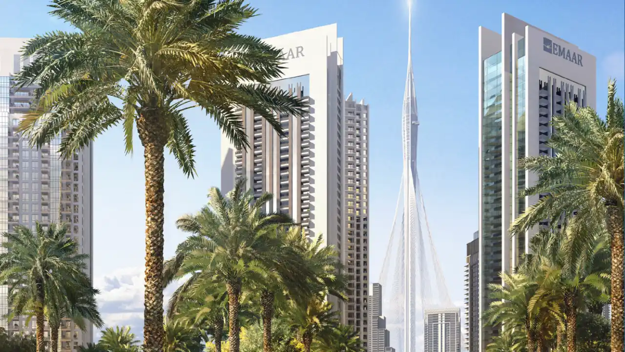 Dubai Creek Harbour master plan – Emaar towers and the upcoming Dubai Creek Tower surrounded by palm-lined boulevards – presented by Tohid Fetrat.
