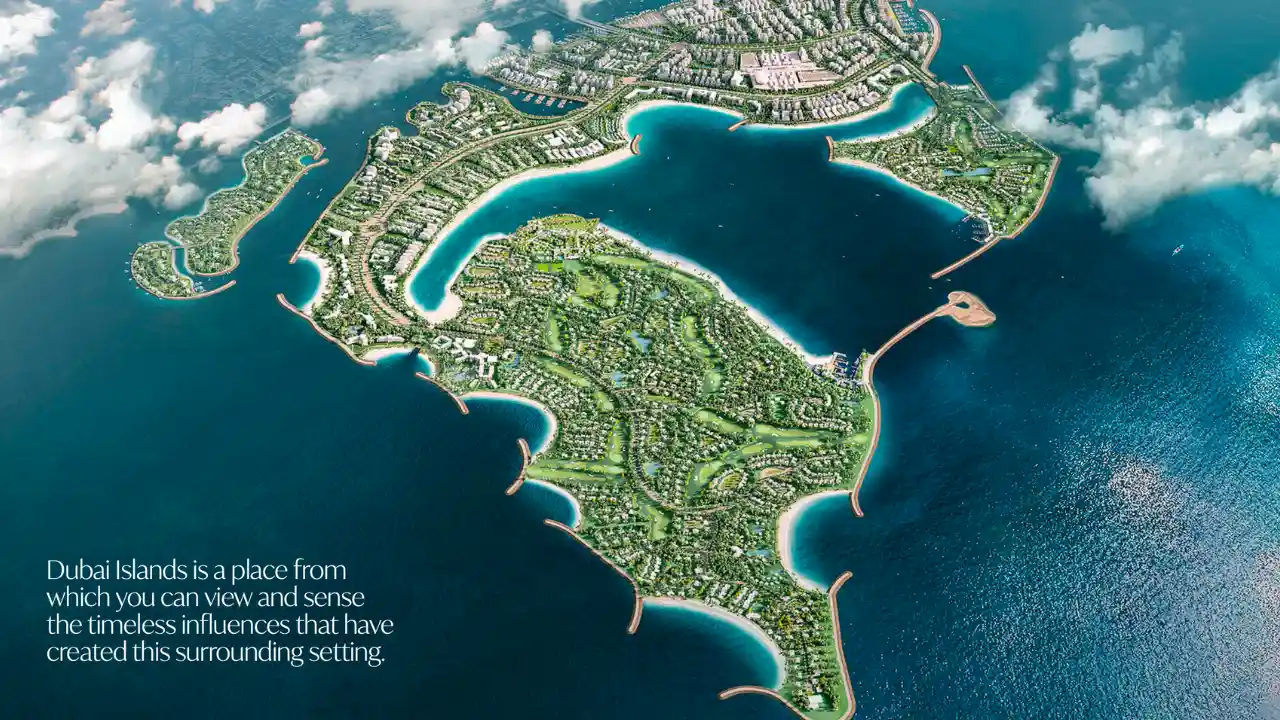 Dubai Islands masterplan by Nakheel — aerial view showcasing luxury villas, golf courses, and coastal lagoons — presented by Tohid Fetrat.