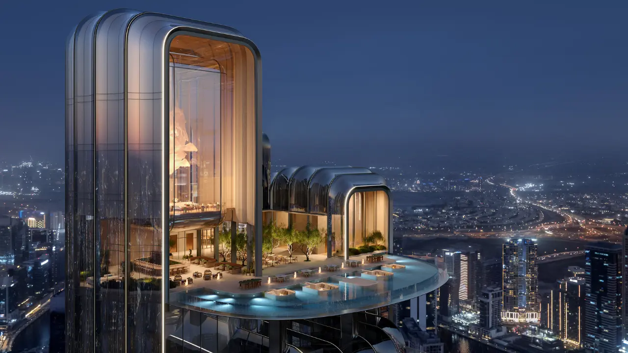 Lumena Alta by Omniyat — architectural detail showing the sky lounge and infinity pool at the top of the tower overlooking Dubai skyline — presented by Tohid Fetrat.