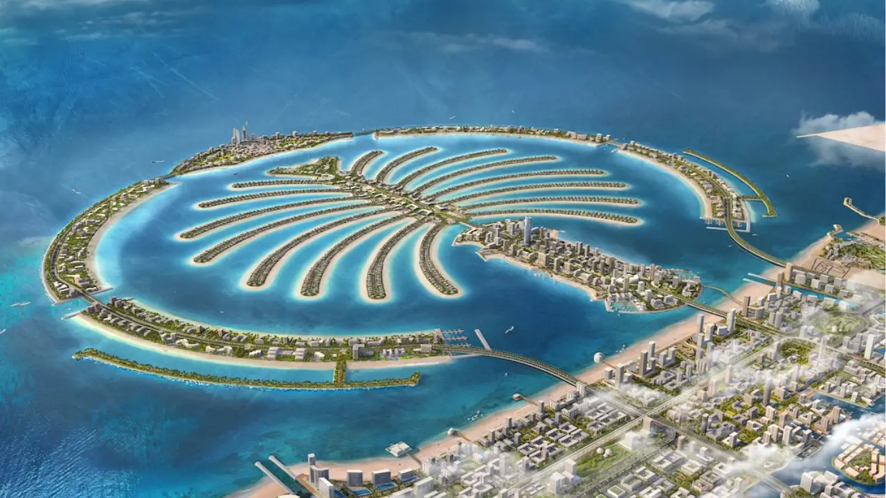 Palm Jebel Ali masterplan by Nakheel — aerial view of Dubai’s iconic palm-shaped island with residential villas, beaches, and marinas — presented by Tohid Fetrat.