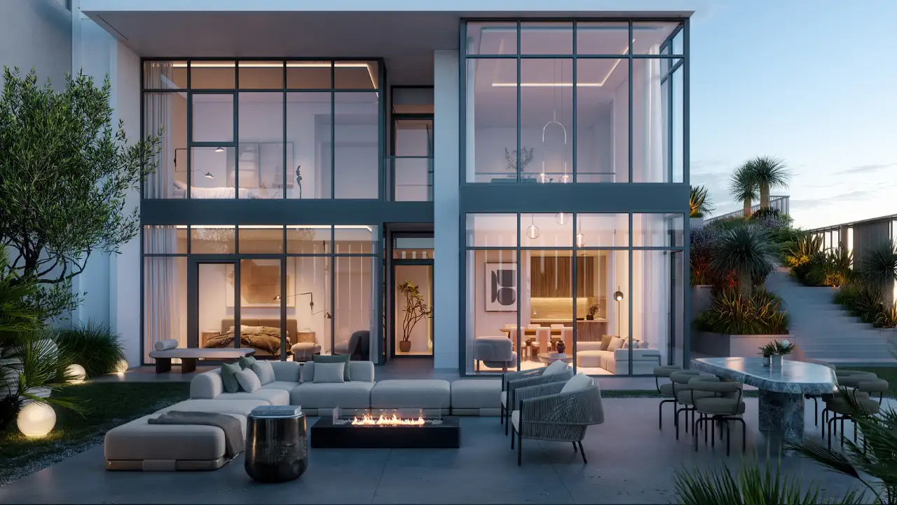 Aria by Beyond in Dubai – modern glass façade villas with open-plan interiors, elegant outdoor seating, and contemporary luxury design, presented by Tohid Fetrat.