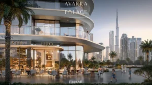 Avarra by Palace by Emaar — ground-level luxury retail and café area with Burj Khalifa skyline view in Business Bay Dubai — presented by Tohid Fetrat.
