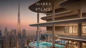 Avarra by Palace by Emaar — luxury residence in Business Bay Dubai featuring infinity pool with panoramic Burj Khalifa skyline view at sunset — presented by Tohid Fetrat.