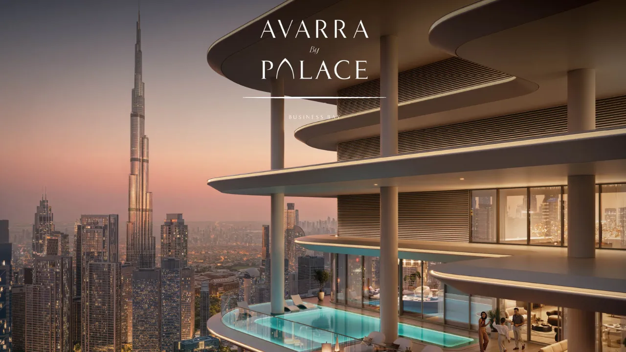 Avarra by Palace by Emaar — luxury residence in Business Bay Dubai featuring infinity pool with panoramic Burj Khalifa skyline view at sunset — presented by Tohid Fetrat.
