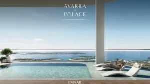 Avarra by Palace by Emaar — luxury infinity pool with sea view overlooking The World Islands and Palm Jumeirah from Business Bay Dubai — presented by Tohid Fetrat.