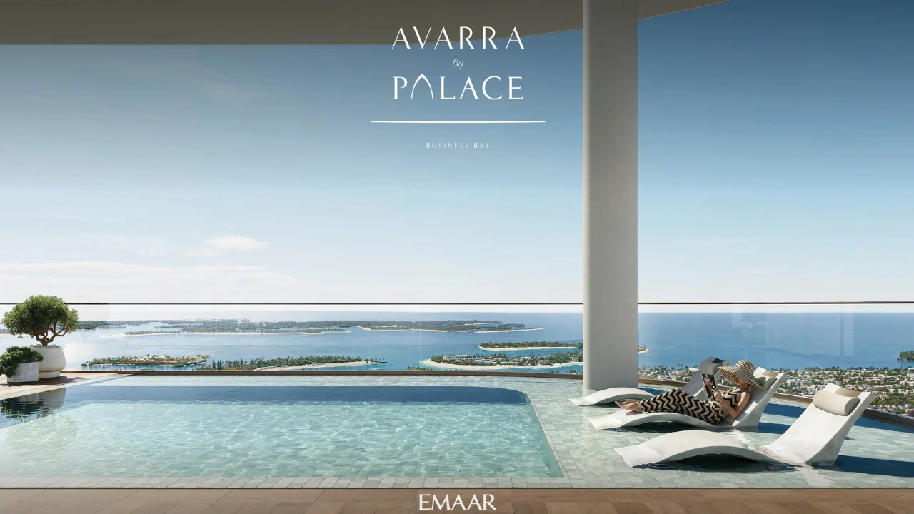 Avarra by Palace by Emaar — luxury infinity pool with sea view overlooking The World Islands and Palm Jumeirah from Business Bay Dubai — presented by Tohid Fetrat.