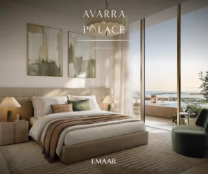 Avarra by Palace by Emaar — elegant bedroom interior with soft neutral tones, premium finishes, and balcony view of Business Bay skyline — presented by Tohid Fetrat.