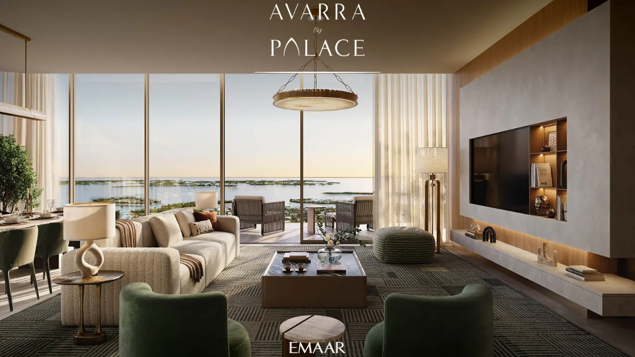 Avarra by Palace by Emaar — elegant living room interior with sea view and contemporary design in Business Bay Dubai — presented by Tohid Fetrat.