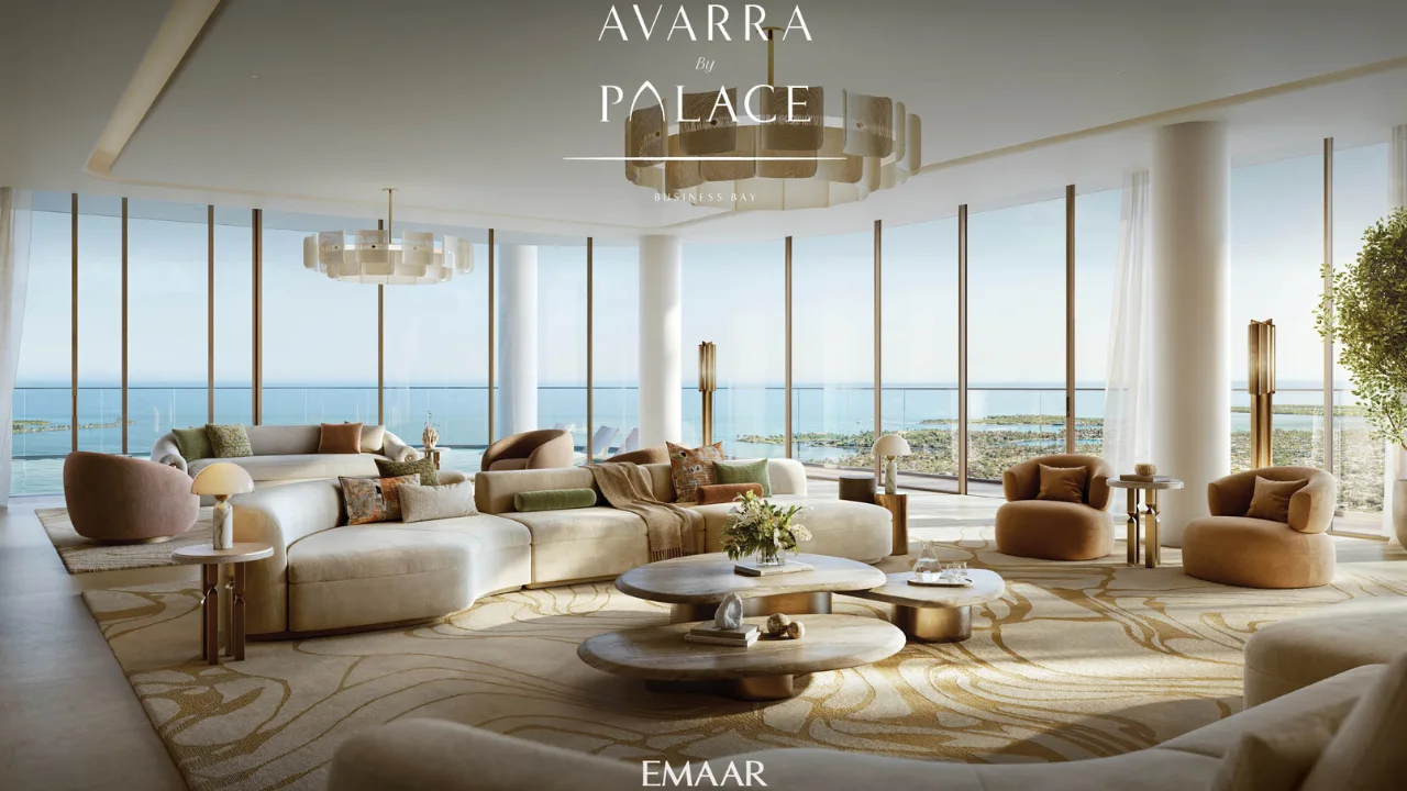 Avarra by Palace by Emaar — luxury penthouse living room with panoramic sea views and elegant interior design in Business Bay Dubai — presented by Tohid Fetrat.