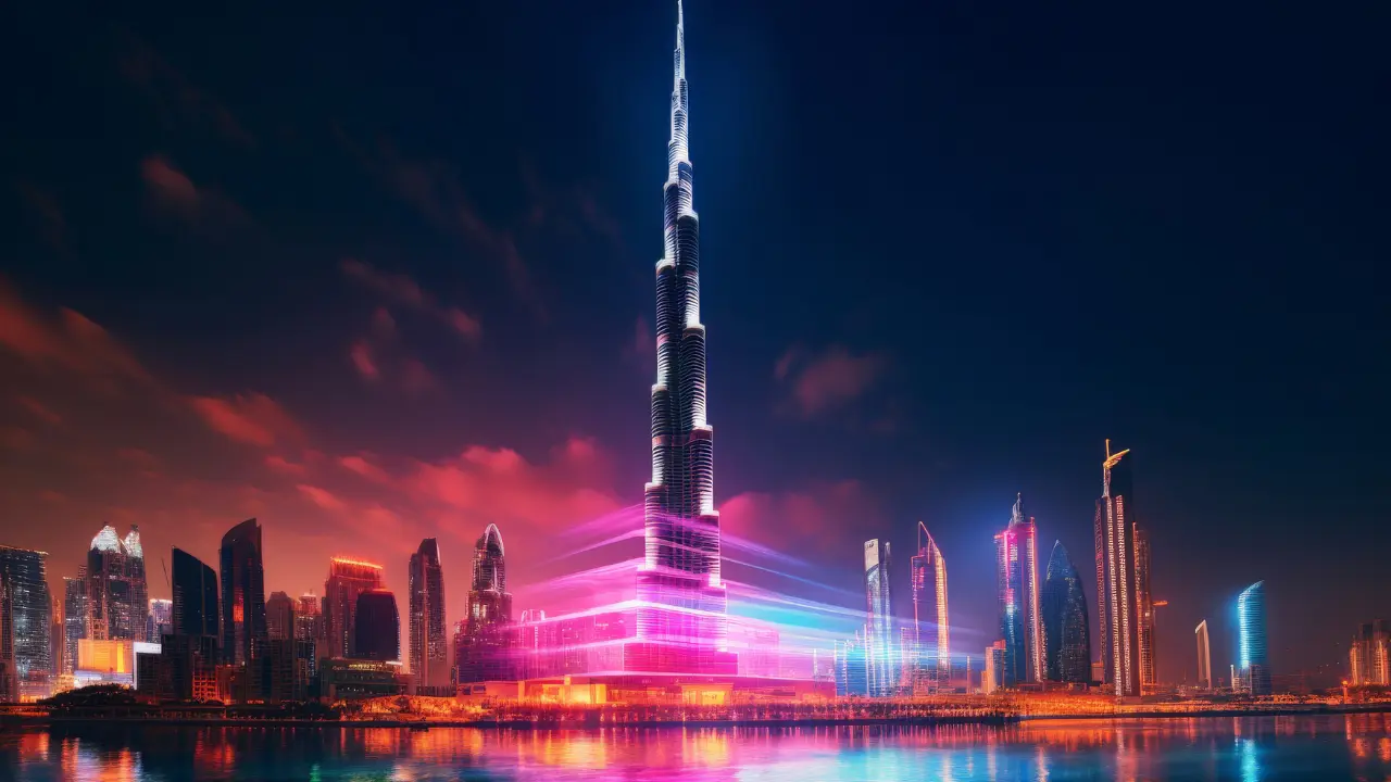 Downtown Dubai skyline featuring Burj Khalifa illuminated at night with vibrant colors — presented by Tohid Fetrat.