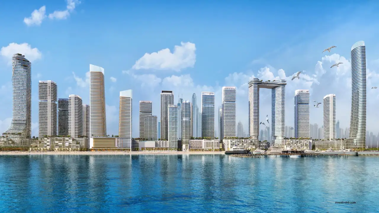 Emaar Beachfront skyline with modern waterfront towers overlooking the blue waters of the Gulf — presented by Tohid Fetrat.