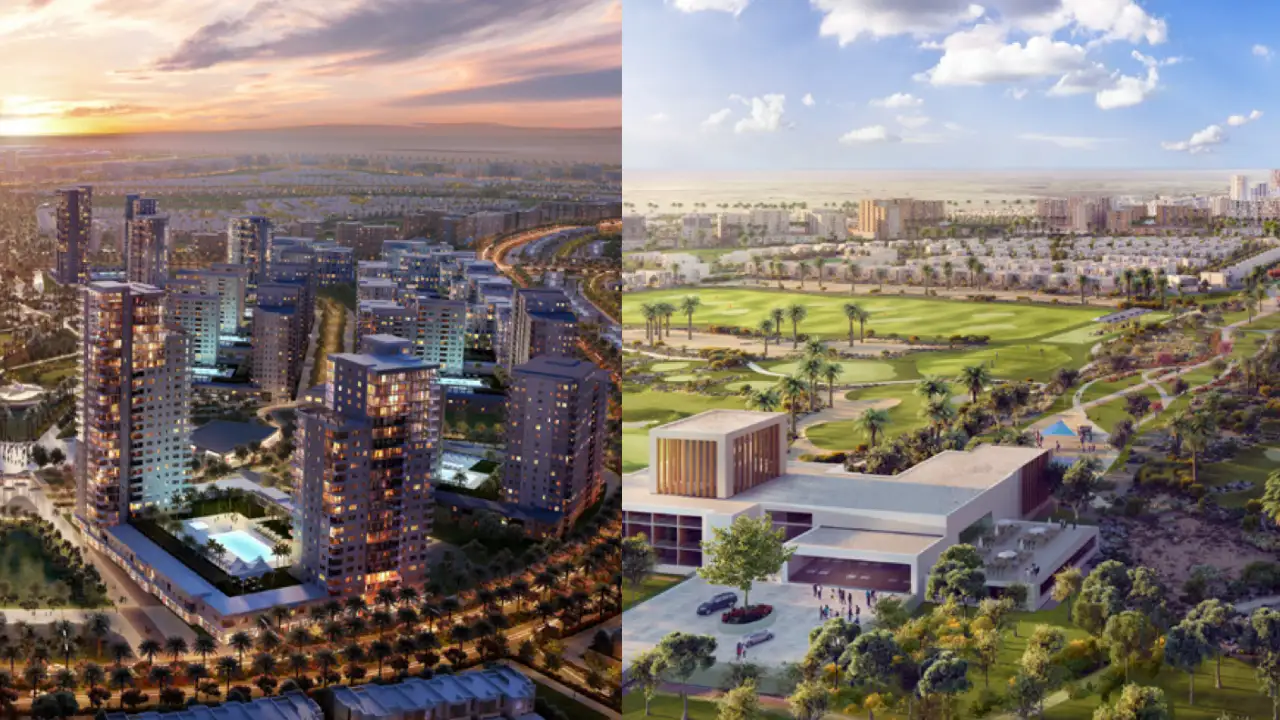 Emaar South Dubai aerial view showing golf course community, modern apartments, and villas — presented by Tohid Fetrat.