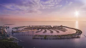 Nakheel Developer Dubai – Aerial view of Palm Jebel Ali masterplan at sunset