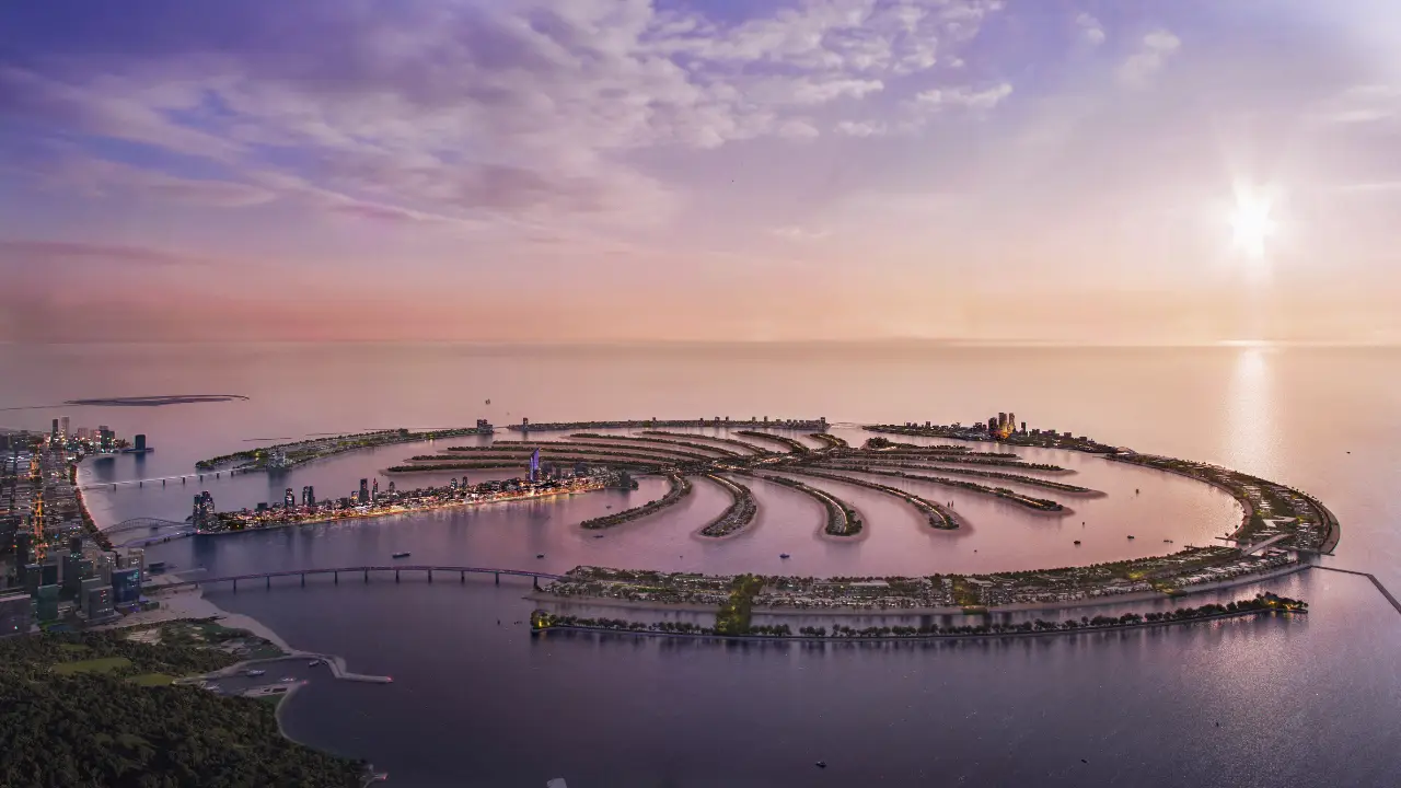 Nakheel Developer Dubai – Aerial view of Palm Jebel Ali masterplan at sunset