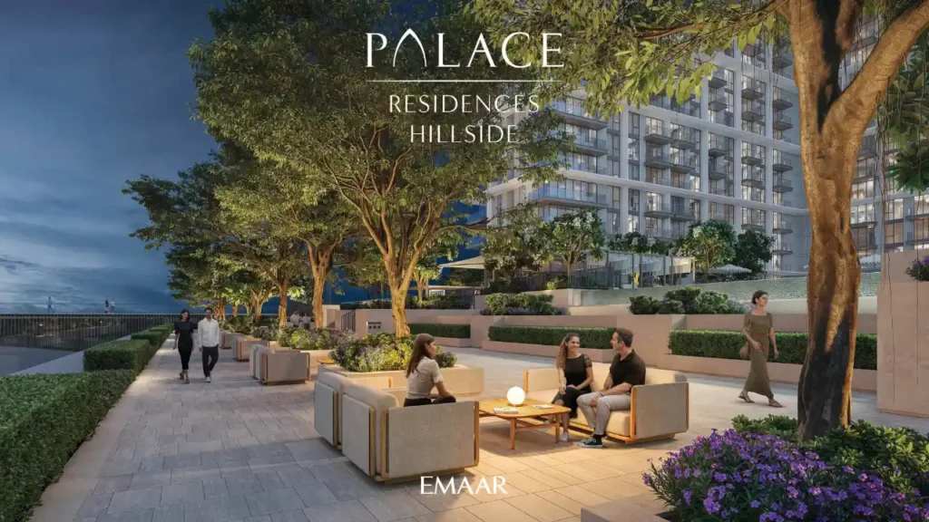 Evening view of Palace Residences Hillside by Emaar showing landscaped seating areas and modern architecture in Dubai Hills Estate