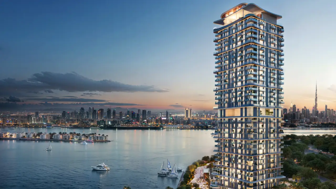 Sensia by Beyond in Dubai – luxury waterfront tower with skyline and Burj Khalifa views, featuring contemporary architecture and premium residences, presented by Tohid Fetrat.