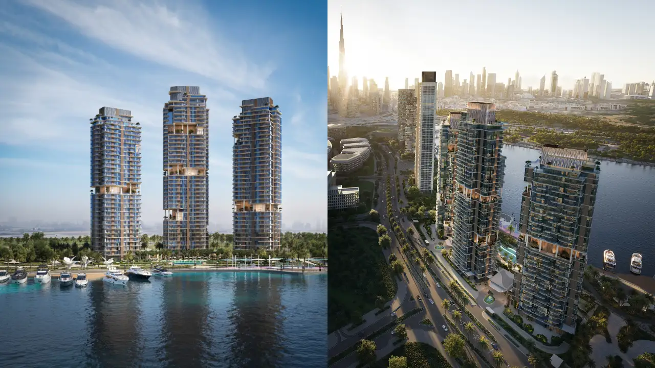 Hero image of The Edit at d3 by Meraas showing waterfront towers with Dubai skyline views in Dubai Design District