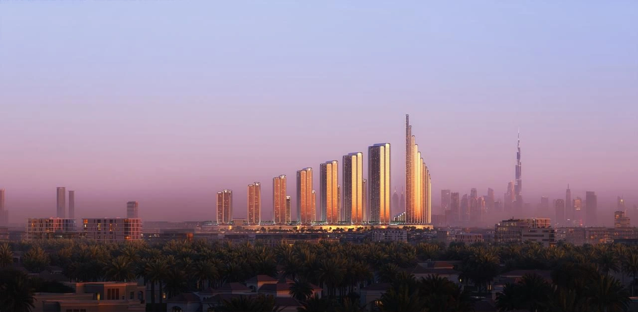 Binghatti City skyline at sunset featuring Mercedes-Benz Places, a landmark branded residential city in Dubai with iconic high-rise towers. Presented by Tohid Fetrat.