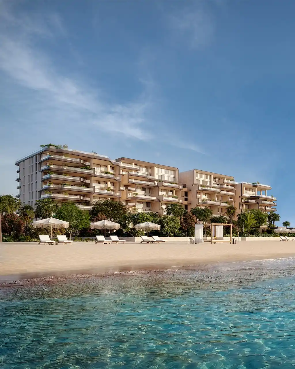Beachfront view of Alba Residences, Dorchester Collection by OMNIYAT, on Palm Jumeirah overlooking the Gulf, featuring refined low-rise architecture and private shoreline living. Presented by Tohid Fetrat.