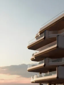 Architectural facade detail of Alba Residences, Dorchester Collection by OMNIYAT on Palm Jumeirah, featuring sculpted curved balconies, glass railings, and refined contemporary design. Presented by Tohid Fetrat.