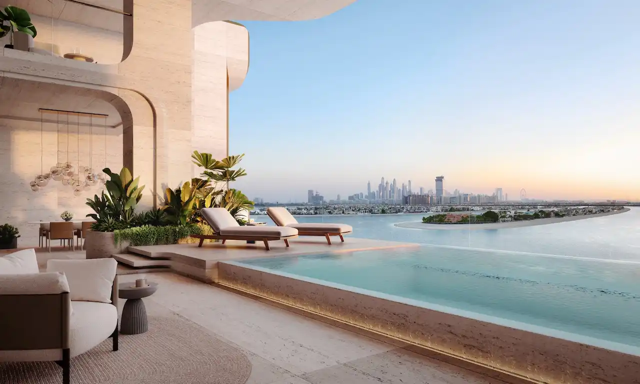 Luxury terrace with private infinity pool at Alba Residences, Dorchester Collection by OMNIYAT on Palm Jumeirah, overlooking Dubai skyline and waterfront views. Presented by Tohid Fetrat.