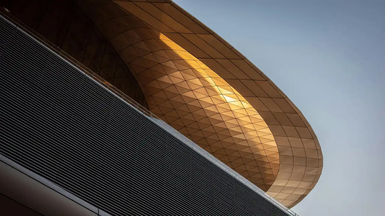 Close-up view of modern Dubai Metro station roof architecture, highlighting futuristic design, geometric patterns, and advanced public transport infrastructure. Presented by Tohid Fetrat.