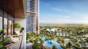 Balcony view overlooking lagoons and green landscapes at Eltiera Views residential towers in Dubai