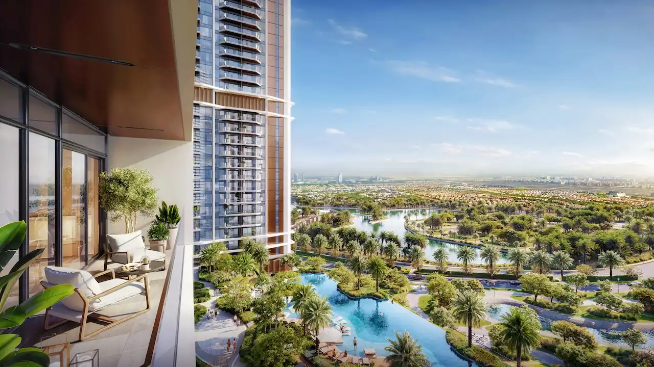 Balcony view overlooking lagoons and green landscapes at Eltiera Views residential towers in Dubai