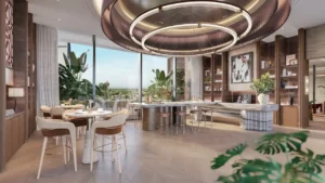 Luxury clubhouse bar and lounge with modern seating and panoramic views at Eltiera Views in Dubai