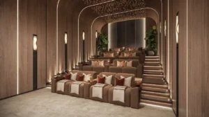 Luxury private cinema room with tiered seating and ambient lighting at Eltiera Views in Dubai