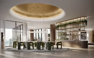 Luxury boardroom interior at ENARA by OMNIYAT featuring a large executive meeting table, sculptural ceiling design, natural materials, indoor greenery, and floor to ceiling windows with Business Bay city views in Dubai. Presented by Tohid Fetrat.