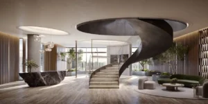 Triplex reception interior at ENARA by OMNIYAT featuring a sculptural spiral staircase, stone reception desk, refined seating areas, integrated greenery, and floor to ceiling glazing with Business Bay city views in Dubai. Presented by Tohid Fetrat.