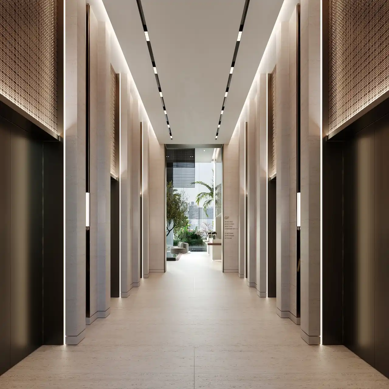 West Tower elevator lobby interior at ENARA by OMNIYAT featuring a symmetrical corridor design, refined stone finishes, vertical architectural lighting, and a visual connection to landscaped indoor areas in Business Bay Dubai. Presented by Tohid Fetrat.